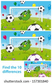 Two versions of vector illustrations with 10 differences to be spotted in a brainteaser for children in a kids puzzle with a cute bird goalkeeper playing soccer with soccerballs and balloons