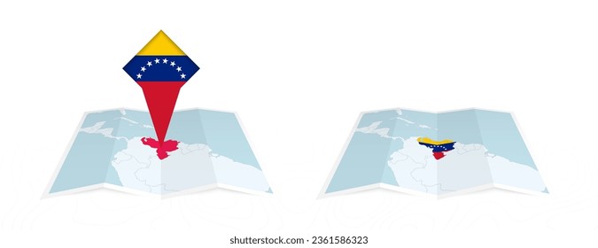 Dos versiones de un mapa doblado de Venezuela, una con una bandera del país fijada y otra con una bandera en el contorno del mapa. Plantilla para diseño impreso y en línea. Ilustración vectorial.