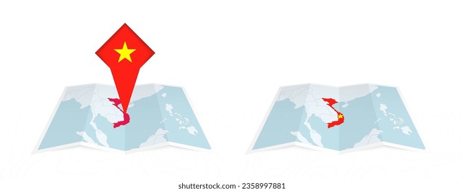 Two versions of an Vietnam folded map, one with a pinned country flag and one with a flag in the map contour. Template for both print and online design. Vector illustration.