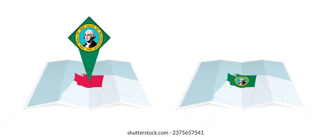 Two versions of an Washington folded map, one with a pinned country flag and one with a flag in the map contour. Template for both print and online design. Vector illustration.