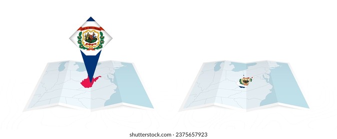 Two versions of an West Virginia folded map, one with a pinned country flag and one with a flag in the map contour. Template for both print and online design. Vector illustration.