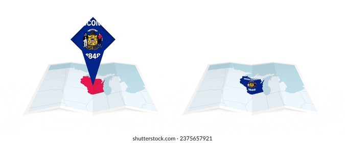 Two versions of an Wisconsin folded map, one with a pinned country flag and one with a flag in the map contour. Template for both print and online design. Vector illustration.