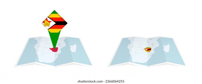 Two versions of an Zimbabwe folded map, one with a pinned country flag and one with a flag in the map contour. Template for both print and online design. Vector illustration.