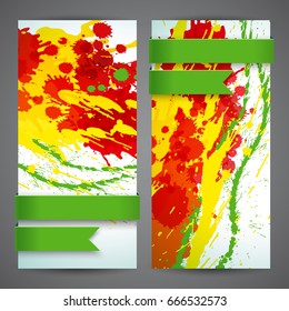 Two vertical abstract artistic colored banner set with ribbons in green yellow red colors vector illustration