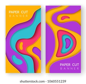 Two vertical abstract banners with multi colored paper cut shapes. Paper cut wave shapes in various colors. Layered curve origami design. Vector 3D abstract carving