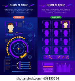 Two vertical abstract future interface banner set with headlines search of future and avatars of people vector illustration