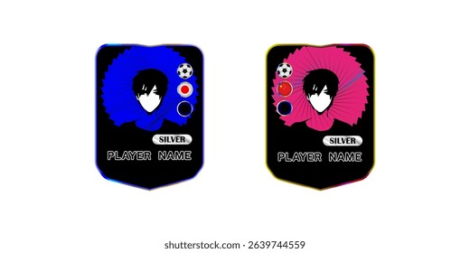 Two vertical anime football player card templates with abstract radial backgrounds, national flags, and placeholder names. Isolated on white. Stock vector illustration in cartoon style.