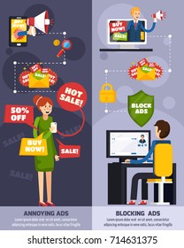 Two vertical annoying intrusive advertisement orthogonal banner set with annoying ads and blocking ads headlines vector illustration