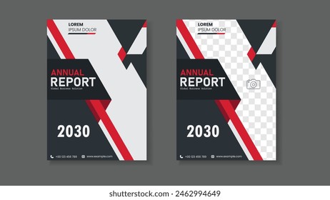 Two vertical annual report covers with red and white stripes, suitable for financial reports or business presentations with a modern design.