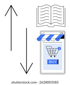 Two vertical arrows, an open book, and a smartphone displaying an online shopping cart with a blue BUY button. Ideal for e-commerce, online learning, digital navigation, education technology