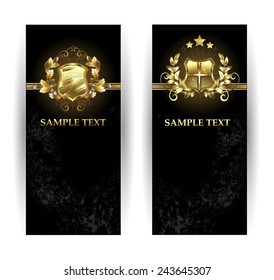 Two vertical banner with gold shields on black background.