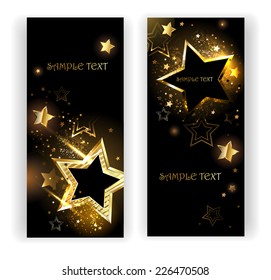 Two vertical banner with shiny gold stars on black background.