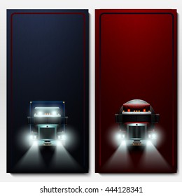 Two vertical banner with the truck with  headlights on.