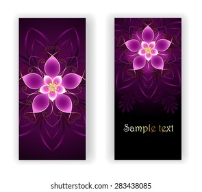 Two vertical banners with abstract, bright pink flowers on black background.
