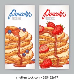 Two vertical banners with appetizing pancakes with a variety of berries and syrup. hand-drawn illustration