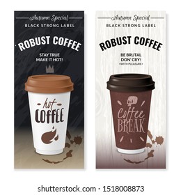 two vertical banners with cardboard cups of coffee to take away dark and light background wooden and chalk Board background black strong coffee realistic style