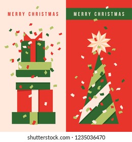 Two vertical banners with Christmas tree, holiday gifts and colorful confetti in the air