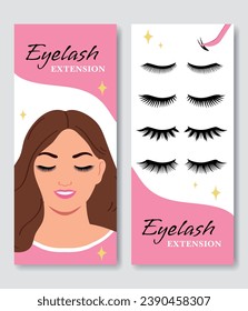 Dos banners verticales para extensiones de pestañas. Servicio de extensión Eyelash. Ilustración vectorial plana para lashmaker