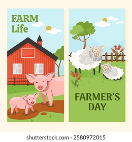 Two vertical banners with farm themes. The first banner shows a pig and piglet in front of a red barn with the text 'Farm Life.' 