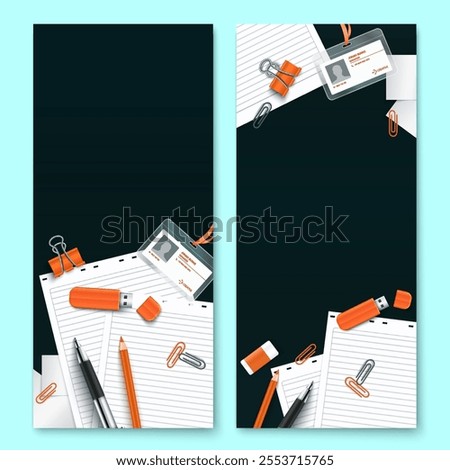 Two vertical banners featuring office supplies such as pens, pencils, paper clips, USB drives, ID badges, and lined paper on a dark background.