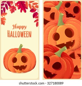 Two vertical banners with Halloween pumpkins and autumn leaves. Pumpkin background. Retro vector illustration. Place for your text