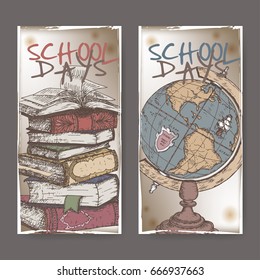 Two vertical banners with hand drawn school related color sketches featuring books and globe. School memories collection. Great for school, education, book shop, retro design.