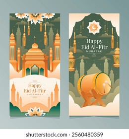 Two vertical banners with Islamic architecture and decorations for Eid al-Fitr celebration. The designs feature mosques, lanterns, and a drum in orange and green tones.