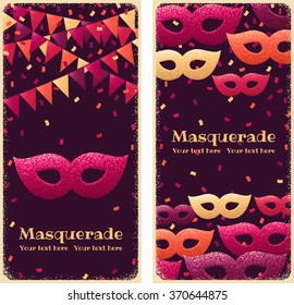 Two vertical banners with masquerade masks, triangular flags and confetti. Retro vector illustration. Design for invitation, card, poster, flyer. Place for your text