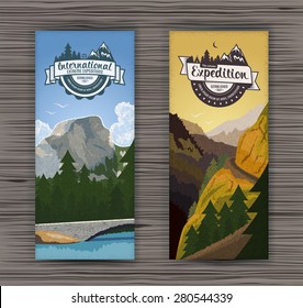 Two vertical banners with mountains for hiking, travel and tourism.