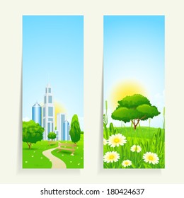 Two Vertical Banners with Nature and City