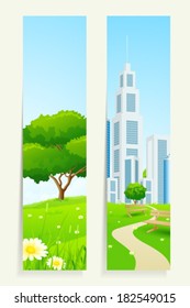 Two Vertical Banners with Nature and City