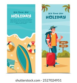 Two vertical banners promoting a holiday, featuring a beach scene with surfboards, lifebuoys, and a traveler with luggage and a backpack, giving a thumbs up.