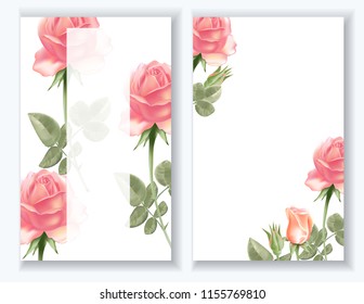 Two vertical banners with roses. Realistic illustration in the pastel color.  Delicate pink roses on a light background.  Wedding Invitation.