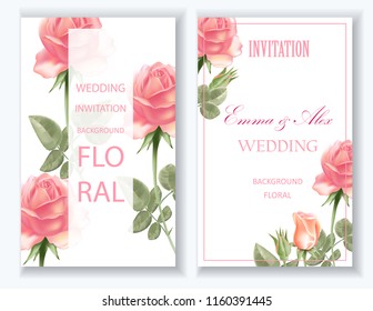 Two vertical banners with roses. Realistic illustration in the pastel color.  Delicate pink roses on a light background.  Wedding Invitation.