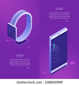 Two vertical banners with smart devises smartwatch and smartphone, phone mobile close-up, hi tech concept art, isometric vector illustration on gradient purple background