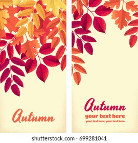 Two vertical banners with various autumn leaves. Maple, oak, mountain ash, rowan, hawthorn. Design for poster, invitation, card, flyer. Place for your text