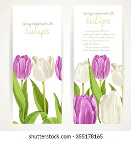Two vertical banners with white and purple flowers tulips