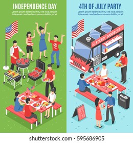 Two vertical barbecue 4 july banner set with independence day and 4th of july party descriptions vector illustration