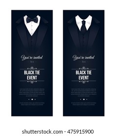 Two vertical Black Tie Event Invitations. Businessmen banners. Elegant black and white cards. Black banners set with businessman suits. Vector illustration