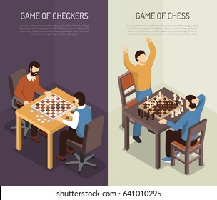 Two vertical board games vertical banner set with game of checkers and of chess headlines vector illustration