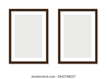 Two vertical brown wooden picture frames with inner white borders isolated on transparent background mockup template for artwork print poster gallery wall decor interior design presentation