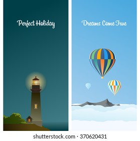 Two vertical cards - Lighthouse on the shore at night. Ballooning above the mountains