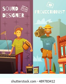 Two vertical cartoon banners with funny projectionist with camera on shoulder and sound designer with headphones console and microphone flat vector illustration