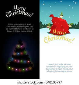 Two vertical Christmas banners. Christmas tree with strand of lights on dark background and three elves with a sack with gifts