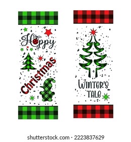 Two Vertical Christmas designs with congratulations and Scandinavian plaid decoration. Sublimation design for vertical posters, cards, candles, glasses