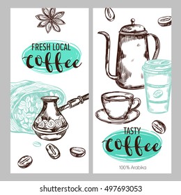 Two vertical coffee packaging banner set with fresh local coffee and tasty coffee descriptions vector illustration