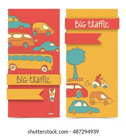 Two vertical colored and isolated transportation banner set in doodle style with trees people cars and bus vector illustration
