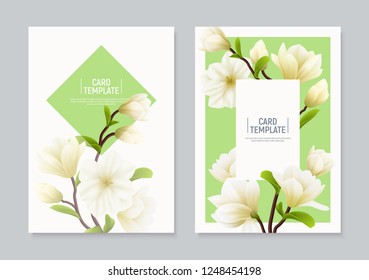 Two vertical colored realistic magnolia flower banner or flyer set with places for text and headline vector illustration