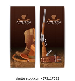 Two vertical cowboy banners with hat boots lasso belt horseshoe winchester rifle isolated vector illustration
