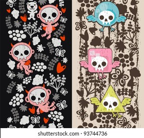 Two vertical crazy textures with birds and babies. Vector seamless patterns.
